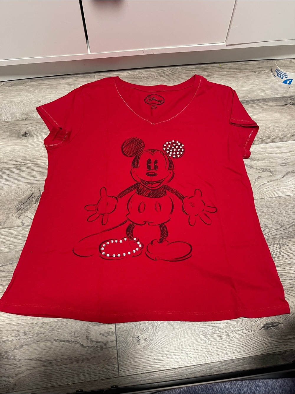 Disney Red V‑Neck Mickey Sketch Tee with Rhinestone Accents